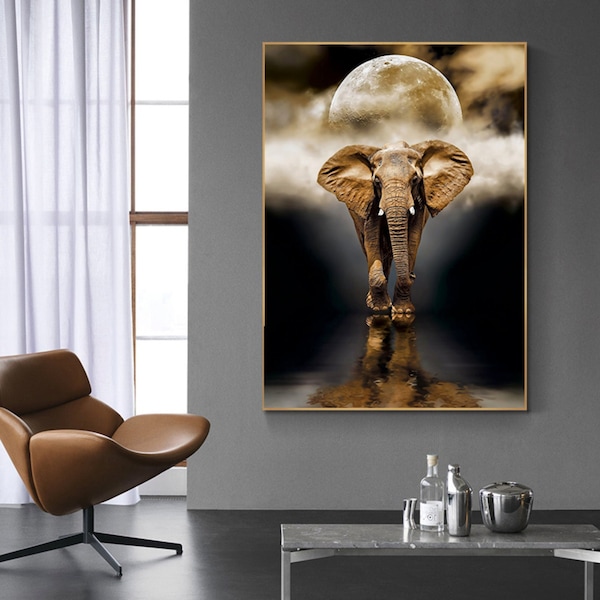 229# Elephant Wall art Canvas - Elephant wall art & Animal wall art canvas - asian canvas wall art - Meditation canvas wall art - moon poster