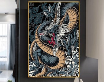 223# 2 Chinese dragon painting - Japon dragon painting - Asian decoration - Dragon canvas - Dragon prints - Dragon wall art - Dragon artwork