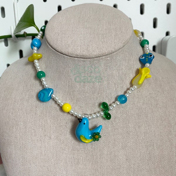bird beaded necklace | upcycled jewelry | sustainable handmade jewelry | gifts | colorful | unique | festival rave | spring | pearls |