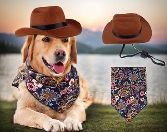 Western Cowboy Hat and Bandana Pet Set - Pecan Floral Pattern Design, Custom Hat and Bandana Colors - Yee Haw!