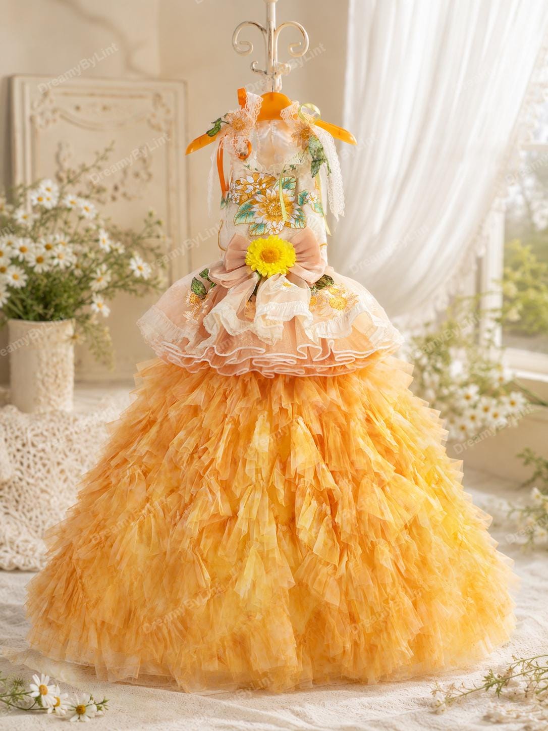 yellow sunflower bridesmaid dresses A-line Yellow Sunflower Wedding Dress Boho Off Shoulder Gown Floral Em