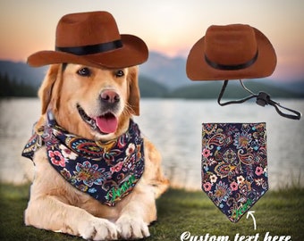 Western Cowboy Hat and Bandana Pet Set - Custom Dog Name Bandana, Pecan Floral Pattern Design - Yee Haw!