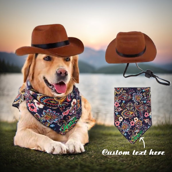 Western Cowboy Hat and Bandana Pet Set - Custom Dog Name Bandana, Pecan Floral Pattern Design - Yee Haw!