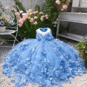 Long Blue 3d Floral Dress