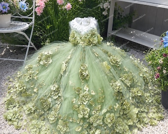Pet Wedding Dress | Sage Green 3D Floral | Custom Size for Dogs & Cats