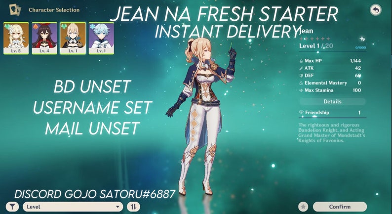 - Instant Delivery Genshin Impact Starter Account NA Jean Starter Account