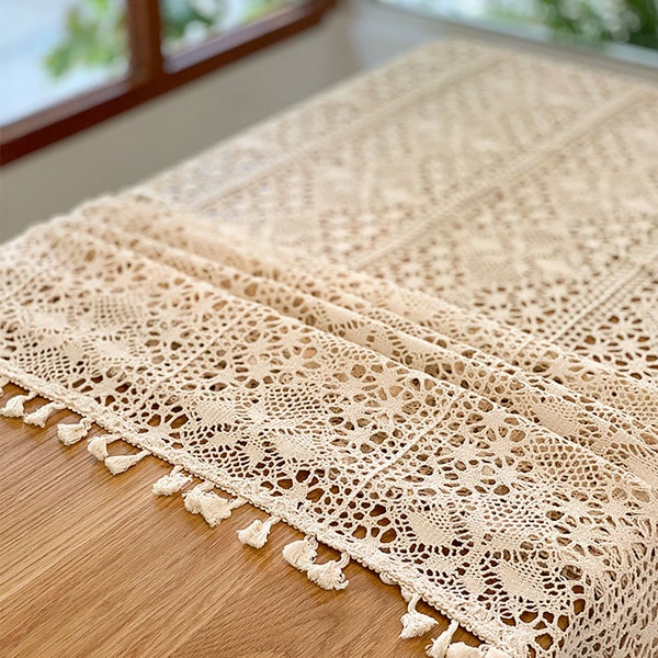 Crochet cotton tablecloth,Farmhouse cotton fabric,Lovely tablecloths,room decor,kitchen decor,table decor,background cloth,Tassel tablecloth