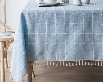 Tassel tablecloth/Round tablecloth/Rectangle tablecloth/Square tablecloth/grid tablecloth/Cotton linen tablecloth/Lace tablecloth/Blue/Gray