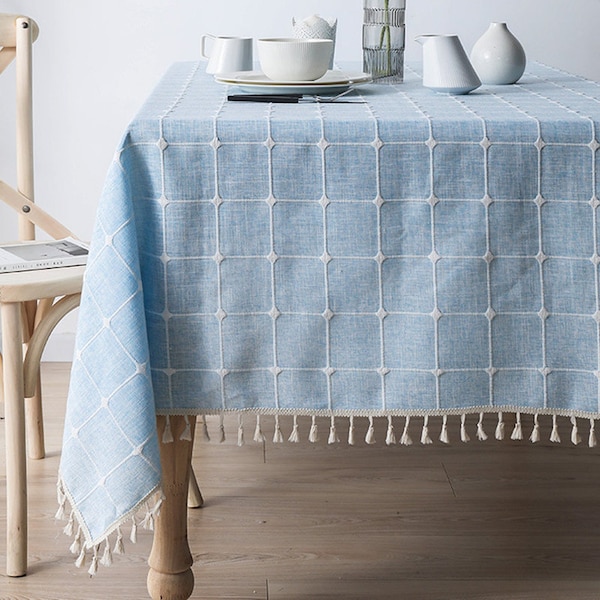 Tassel tablecloth/Round tablecloth/Rectangle tablecloth/Square tablecloth/grid tablecloth/Cotton linen tablecloth/Lace tablecloth/Blue/Gray
