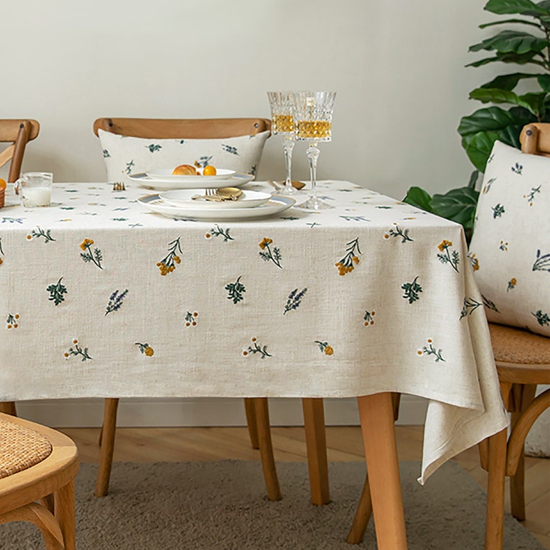 Cotton and linen tablecloth,Embroidery tablecloth,Custom tablecloth,Rectangle tablecloth,Oval tablecloth,Floral tablecloth,White,Beige,Cyan image 4