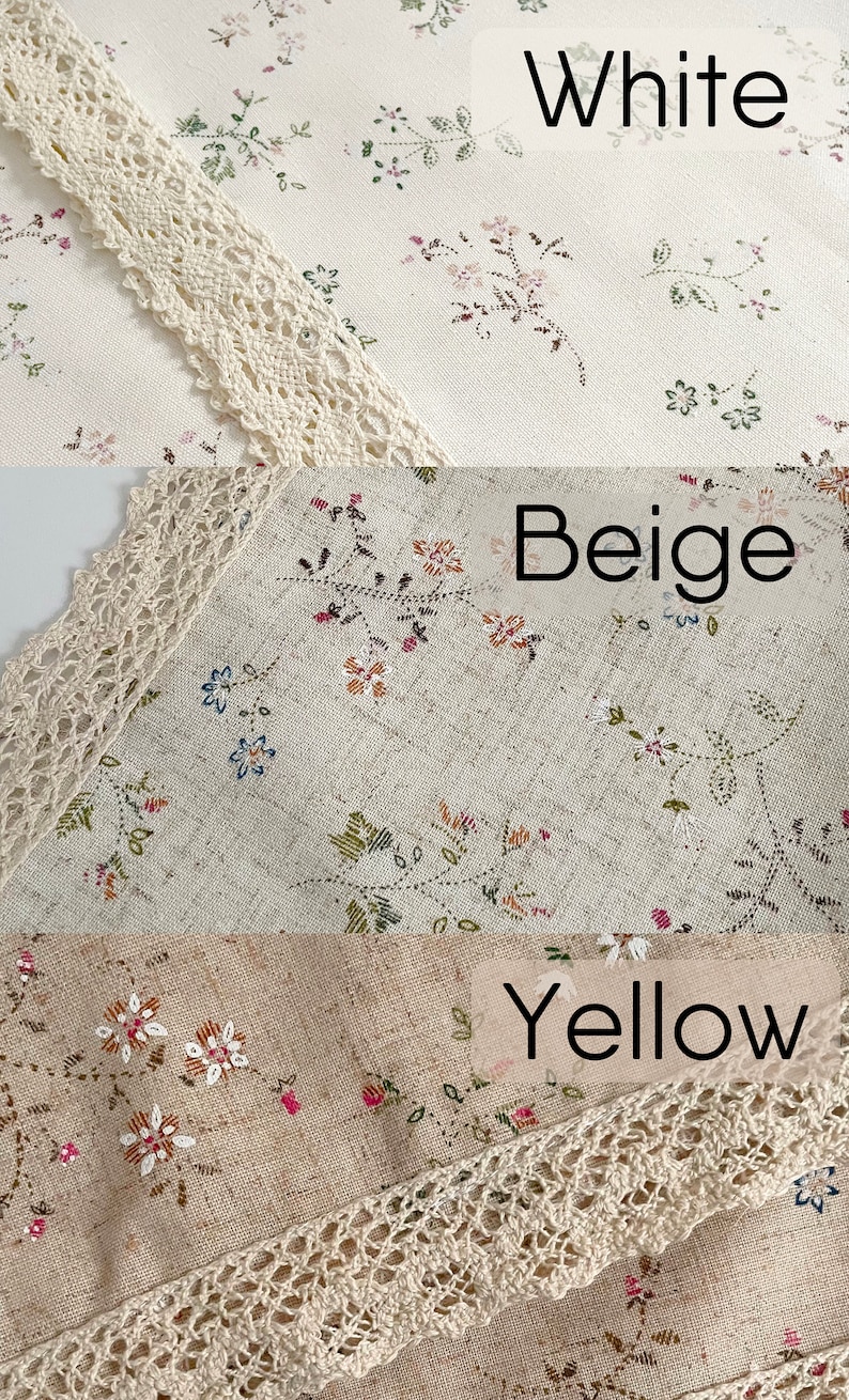Pode incluir: Tr&ecirc;s amostras de tecido com um padr&atilde;o floral e uma borda de croch&ecirc;. As amostras de tecido s&atilde;o etiquetadas como "Branco", "Bege" e "Amarelo".
