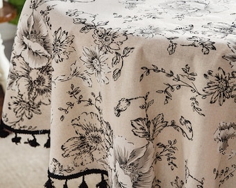 Cotton and linen tablecloth,Tassel tablecloth,Round tablecloth,Deco tablecloth,Country tablecloths,Housewarming gift,Floral tablecloth