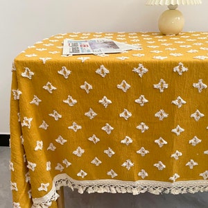 Katoenen tafelkleed, rechthoekig tafelkleed, ovaal tafelkleed, rond tafelkleed, housewarmingcadeau, linnen tafelkleed 60 x 102, geel, oranje, zwart