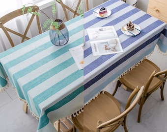 Cotton and linen tablecloth,Blue tablecloth,Custom tablecloth,Stripe tablecloth,Rectangle tablecloth,Printed tablecloth,Vintage tablecloth