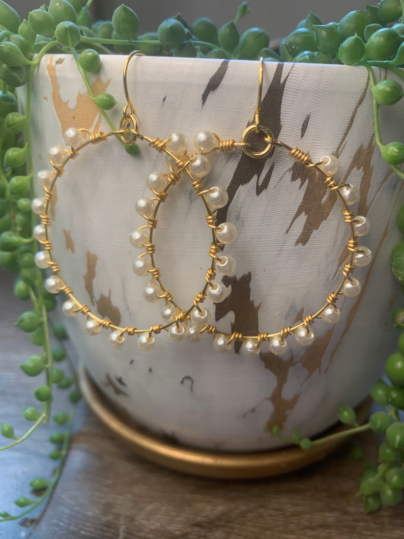 Pearl and gold wire wrapped earrings
