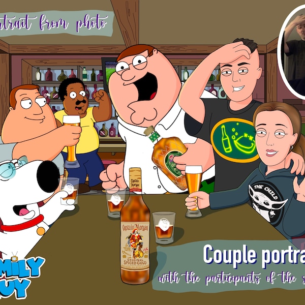 A stylized portrait of a couple surrounded by their favorite characters (number is from 1 to 4) from the animated series Family Guy
