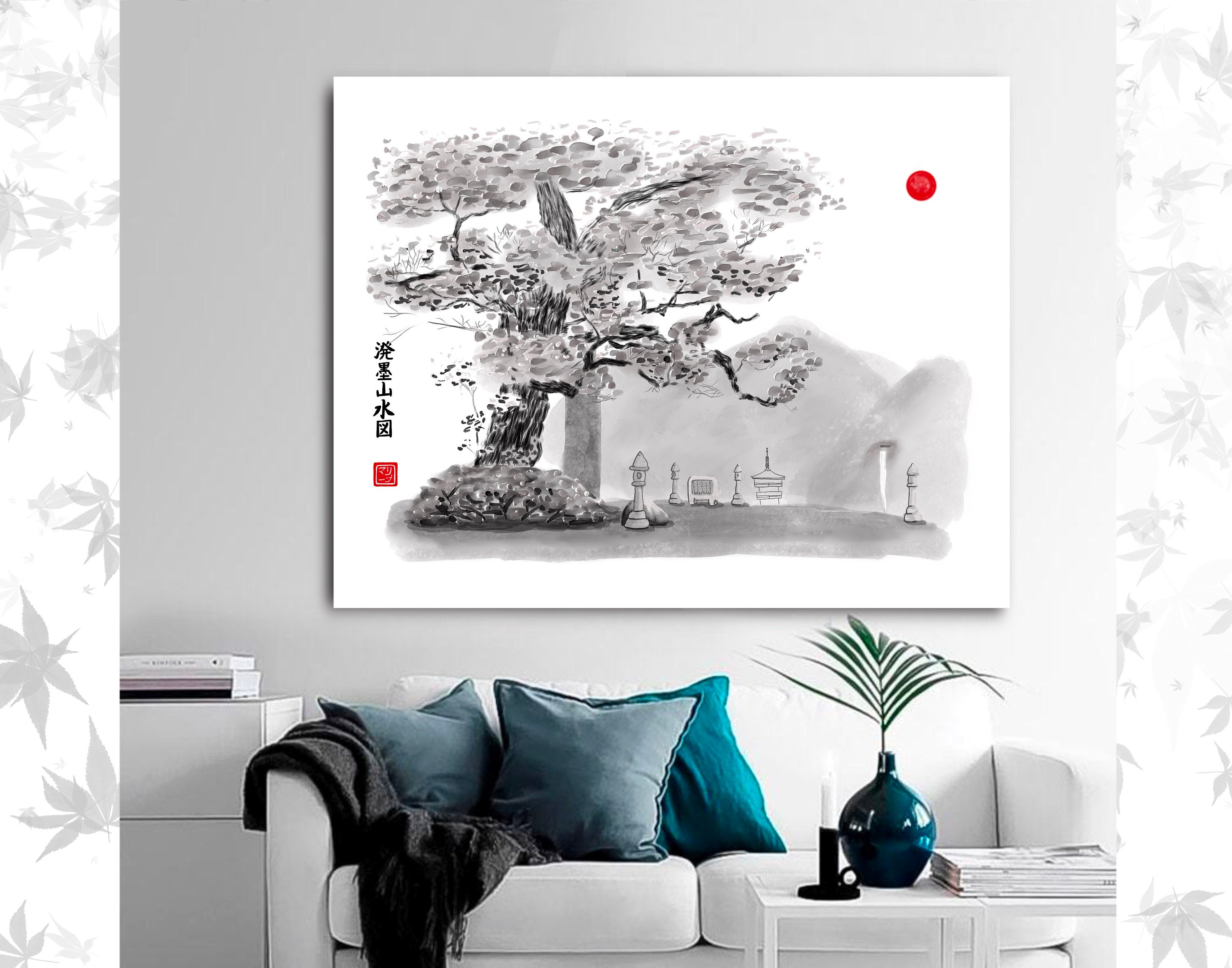 クスノキと那智の滝 日本の水墨画（デジタルダウンロード） - Etsy 日本