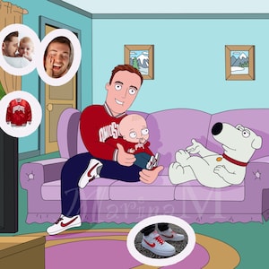 Célèbre | de dessins animés Portrait de gars de famille personnalisé, illustration de bande dessinée amusante, cadeau Guy BirthDay, portrait individuel célèbre dessin animé