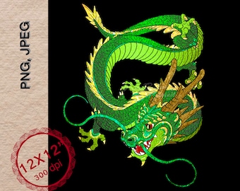 May include: A detailed illustration of a green dragon with yellow accents on a black background. The dragon is intricately designed with scales, horns, and a long tongue. The image is labeled "PNG, JPEG" and "12X12" 300 dpi".