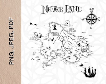 Neverland map |Peter Pan PNG, Jpeg, PDF  digital files