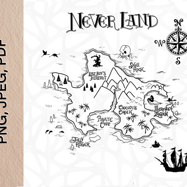 Neverland map |Peter Pan PNG, Jpeg, PDF  digital files