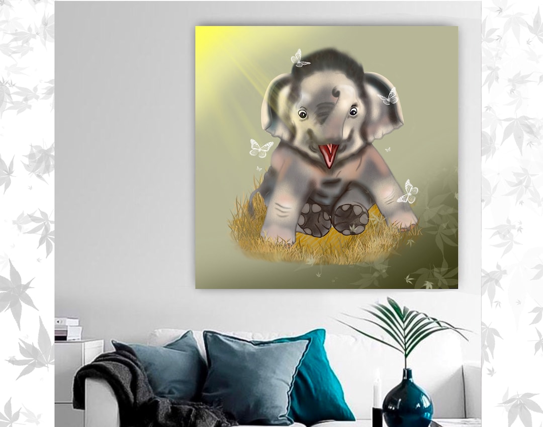 Baby Elephant Gift, Digital Files Instant Download Elephant Lies on the Grass Art Prints