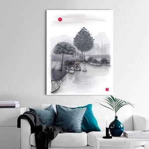 日本の塔と滝を描いた水墨画（デジタルダウンロード） - Etsy 日本