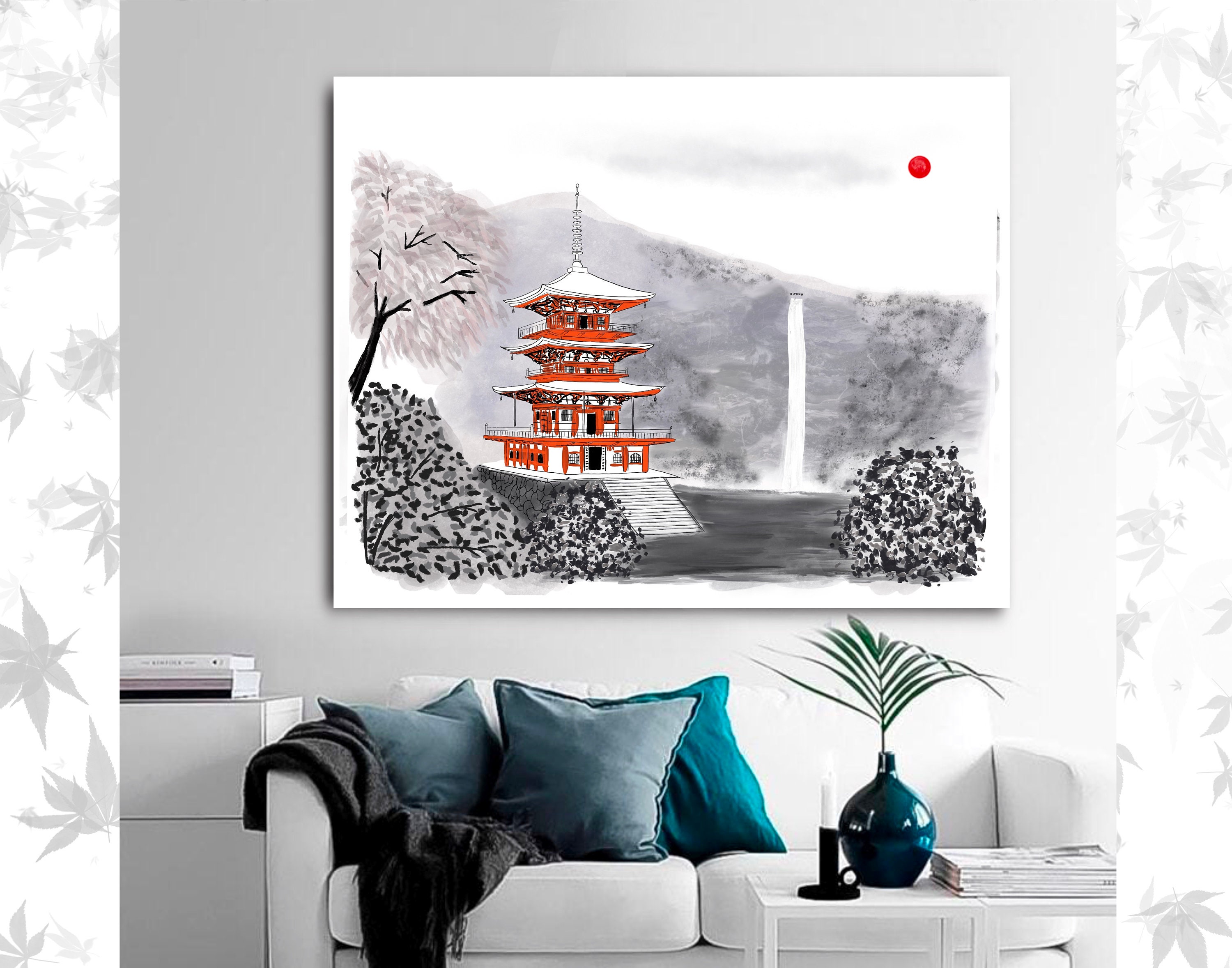 日本の塔と滝を描いた水墨画（デジタルダウンロード） - Etsy 日本