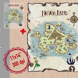 Farbige Landkarte von Nimmerland auf alter Leinwand gemalt Peter Pan und Tinker Bell auf der Karte PNG, JPEG, digitale PDF Dateien