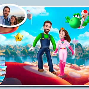 Ritratto di coppia di Super Mario per una persona cara/Ritratto stilizzato dei cartoni animati da foto/Arte personalizzata per familiari e amici in abiti da favola