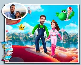 Super Mario Portrait of a couple for a loved one|Cartoon Stylized Portrait from Photo|Custom art for Family and Friends in Fairytale Clothes