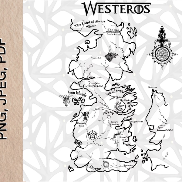 Map of Westeros based on Game of Thrones PNG, Jpeg, PDF digital file