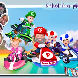Lustiges Urlaub Porträt von Mario Kids | Super Mario Bros Film|Karikatur Portrait vom Foto|Individualisierbares Portrait für Familie und Freunde|