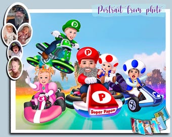 Fun holiday portrait of Mario Kids| Super Mario Bros Movie|Cartoon Portrait from Photo|Custom Portrait for Family and Friends|