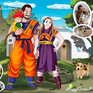 May include: A cartoon family portrait showing a man in orange holding a child, a woman in purple, and a dog. The background features a house and a blue sky. The image also includes smaller inset photos.