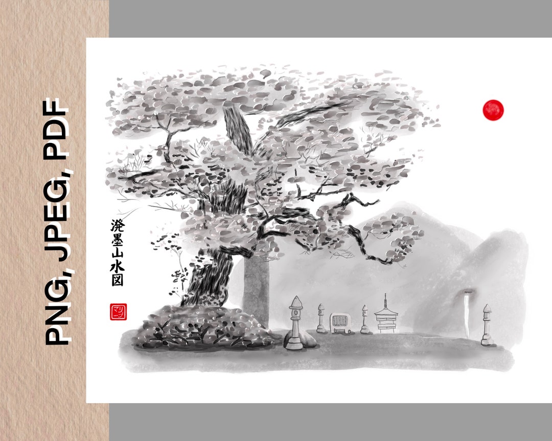 クスノキと那智の滝 日本の水墨画（デジタルダウンロード） - Etsy 日本