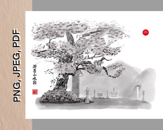 クスノキと那智の滝 日本の水墨画（デジタルダウンロード） - Etsy 日本