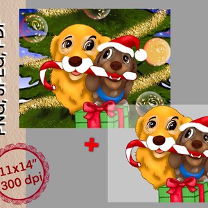 Kerstkaart met twee honden| Wenskaart | Tekening van de auteur| Trouwen met Kerstmis