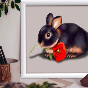 Conejo con amapola/Tarjeta IMPRIMIBLE Conejo Brillante/arte de pared colorido/Regalo para la decoración del hogar/Postal original