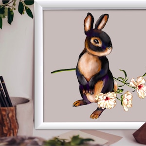 Conejo con flor / Tarjeta IMPRIMIBLE Conejo brillante / arte de pared colorido / Regalo para la decoración del hogar / Postal original