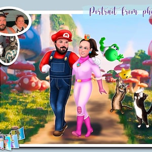 Prinzessin Peach persönliches Porträt|Super Mario Bros Film|Karikatur Porträt vom Foto Stilisiertes Porträt| Benutzerdefiniertes Porträt in Märchenkleidung|