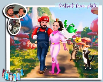 Princess Peach personal portrait|Super Mario Bros movie|Cartoon Portrait from Photo Stylized portrait| Custom Portrait in Fairytale Clothes|