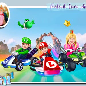Mario Kids Benutzerdefiniertes Porträt | Super Mario Bros Film|Karikatur Portrait vom Foto|Märchenhaftes Portrait für Familie und Freunde|