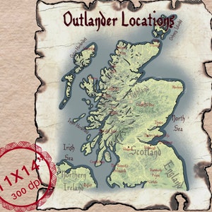 Carte couleur des destinations de l'Outlander|  Carte dessinée à la main Impression numérique |  Un cadeau mémorable pour un fan de la série Outlander