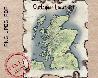 Mappa disegnata a mano / Stampa digitale / Mappa dei luoghi di Outlander / Un'immagine basata sulla serie
