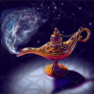 De magische lamp van Aladdin | optimistisch schilderij | kleurrijke muurkunst | Cadeau voor vrienden | Originele ansichtkaart| Wenskaart