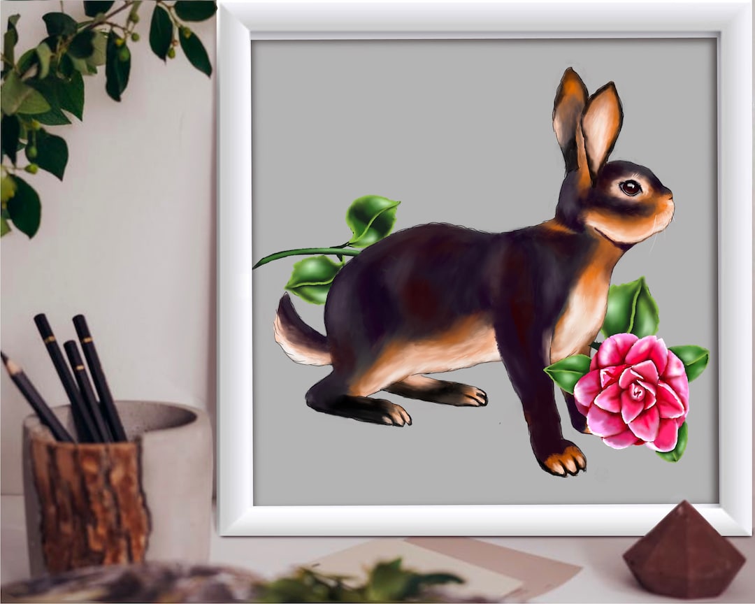 Rabbit With Camellia PRINTABLE Card Bright Rabbit colorful Wall Art Gift for Home Decoration