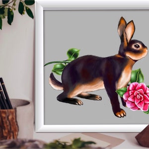 Conejo con Camelia / Tarjeta IMPRIMIBLE Conejo Brillante / arte de pared colorido / Regalo para la decoración del hogar / Postal original