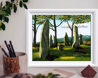 Outlander Digital print| Craigh Na Dun |Stone pillars landscape| a picture based on the series| drawn in the style of oil painting