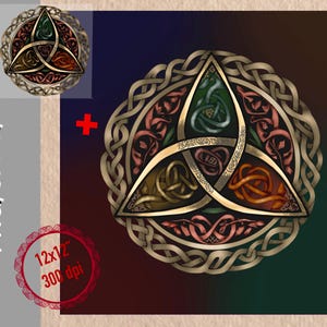 May include: A gold Celtic knot design with a triquetra in the center. The triquetra is made up of three interlocking loops, each with a different color: green, orange, and pink. The knot design is intricate and detailed, with a variety of patterns and swirls.